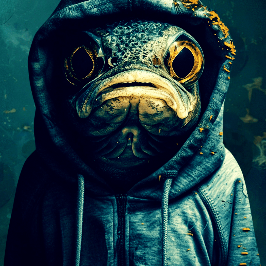 a picture of a fish in a dark hoodie